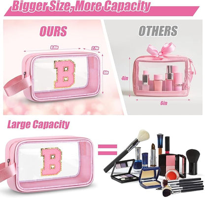 Initial Makeup Bag,Letter B Cute Clear Monogrammed Cosmetic Travel Bag for Womens Girls,Personalized Pink Aesthetic Traveling Make Up Organizer Bag for Beach,Waterproof Toiletry Bag