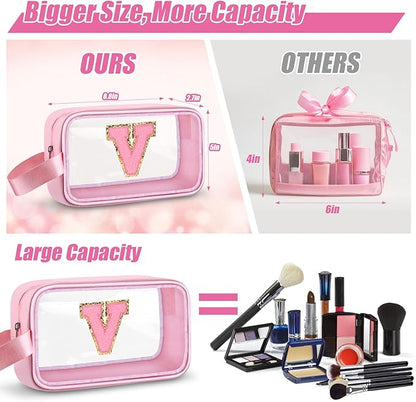 Initial Makeup Bag,Letter V Cute Clear Monogrammed Cosmetic Travel Bag for Womens Girls,Personalized Pink Aesthetic Traveling Make Up Organizer Bag for Beach,Waterproof Toiletry Bag