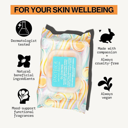 Pacifica Makeup Remover Face Wipes - Daily Facial Cleansing & Exfoliating Towelettes - Biodegradable - Organic - w/ Gycolic Acid - Clean Beauty Vegan & Cruelty-Free Dermatologist Tested 30 Count