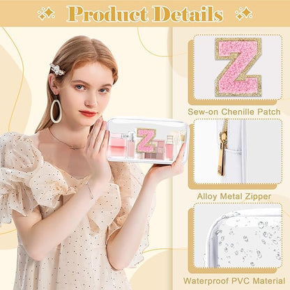 Personalized Initial Letter Clear Makeup Bag,Preppy Small Nylon&PVC Cosmetic Zipper Bag with Chenille Letter,Travel Skincare Toiletry Bag,Monogram Christmas Gift for Teen Girls Women,Z