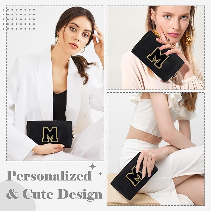 Personalized Initial A-Z Preppy Patch Makeup Bag,Small PU Chenille Letter Cosmetic Bag with Zipper for Teen Girls,Black Cute Toiletry Organizer Bag,Monogram Makeup Case Gift for Women Girls,Letter M