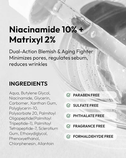 Niacinamide 10% + Matrixyl 3000 2% Serum - Strengthen & Repair Skin Barrier - For Sensitive & Oily Skin - 1 Fl Oz