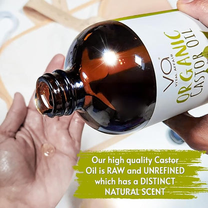 VITAL AFFAIR Pure Castor Oil Organic Cold Pressed Unrefined Glass Bottle-USDA Certified for Castor Oil Pack Wrap for Face,Hair Growth,Eyelashes,Eyebrows-16oz