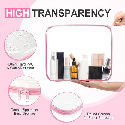Hoolerry 3 Pcs Clear Hard Zipper Case Plastic Pouch Transparent Hard Case Clear Makeup Bag Portable Travel Organizer Bin for Cosmetics, Building Blocks, Puzzles(Pink,L)