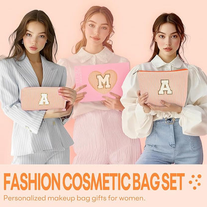 2 PCS Initial Makeup Bags for Women: Cosmetic Bag for Travel Toiletry - Birthday Gifts for 11 12 13 14 15 16 17 18 Years Old Girl Graduation Teacher Gift- Teen Girl Gifts Trendy Stuff - Orange S