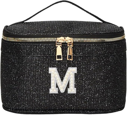 EURYNOME Makeup Bag with Custom Letter M, Water-Resistant Travel Organizer Pouch, (8.3x5.1x5.1 Inch) Cosmetic Case for Women