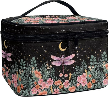 Dragonfly Floral Moon Pattern Makeup Bag Travel Cosmetic Bag with Zipper and Handle Portable Large Capacity Toiletry Case for Women Ladies Travel Accessories