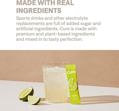 Cure Hydration | Plant-Based Electrolyte Drink Mix | No Added Sugar | FSA-HSA | Dehydration Relief Powder Made with Coconut Water | Non-GMO | Vegan | Pouch of 14 Packets - Lime