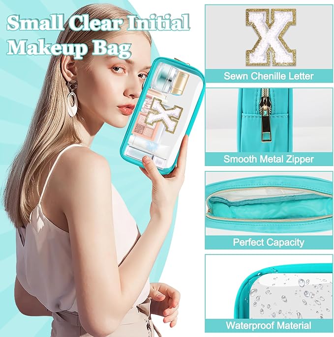 Small Clear Personalized Initial Makeup Bag, Preppy A-Z Chenille Letter Patch Cosmetic Bag, Cute Transparent Nylon Waterproof Zipper Beach Varsity Letter Pouch, Gift for Women Girls(Cyan-White X)