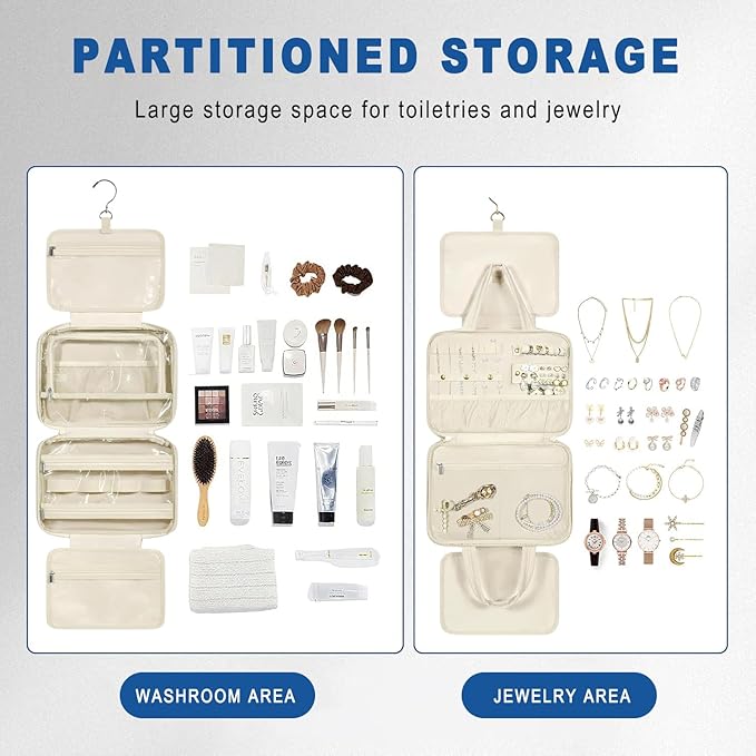 Inmorven Travel Hanging Toiletry Bag for Women, Makeup Cosmetic Bag with Jewelry Organizer, Waterproof DoppKit Set for Girls Large Capacity, Carry-on Travel Accessories Essentials - White