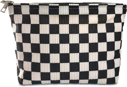 STARDW Corduroy Checkered Makeup Bag Cute Cosmetic Bags for Women Girls, Travel Toiletry Bag Large Capacity Zipper Makeup Pouch, Purse Organizer Pouches