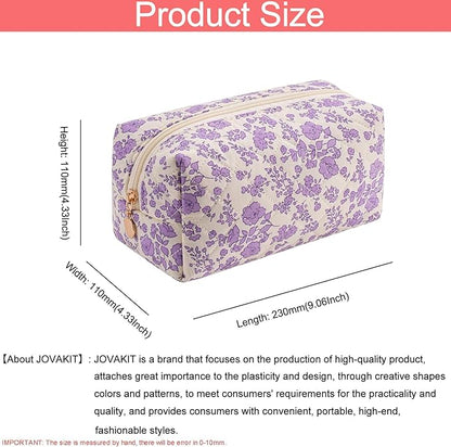 JOVAKIT Square Makeup Bag Cute Cosmetic Bag for Women, Floral Coquette Aesthetic Toiletry Bag, Zipper Make Up Pouch, Travel Make Up Organizer Bag (Blue+Big Purple Floral)