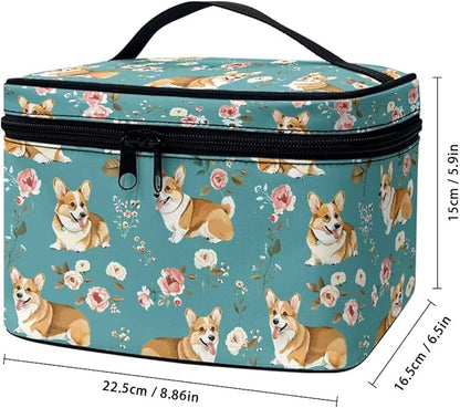 JoyLamoria Corgi Floral Makeup Bag Handbag Tote Bag Casual Cute Cosmetic Bag Brush Bag Toiletry Bag