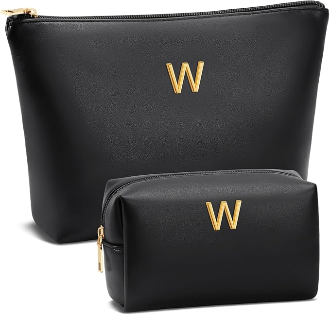 Women Gifts | Initial Makeup Bag Set for Girl Personalized Gifts for Bridesmaid Friend Graduation Teachers PU Leather Cosmetic Travel Toiletry Bag(Black,W)