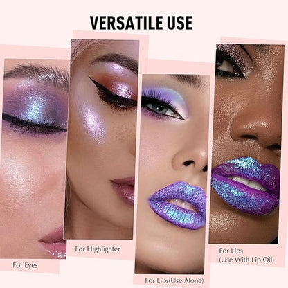 Metallic Blue Lipstick Makeup, Holographic Glitter Lip Stick Long Lasting Lightweight Non-Sticky Hydrating Lip Tinted Full Coverage High-Shine Sparkling Shimmer Lipstick for Women