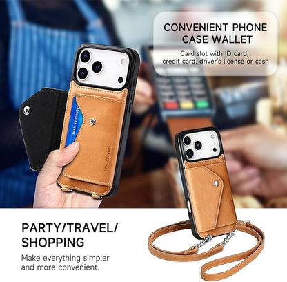 LUCKYCOIN Crossbody Wallet Phone Case for iPhone 17 Pro Max,100% Genuine Leather Wallet Phone Case with Expandable Flip Card Holder,Phone Purse for Women with Adjustable Removable Strap - Brown