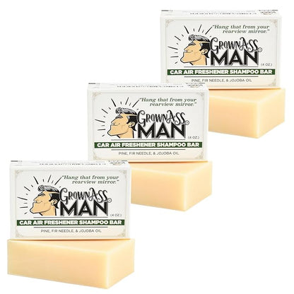 Grown Ass Man Co. - Solid Shampoo Bar Rich Lather 3 in 1: Hair, Beard & Body Wash - Plastic Free & Eco-Friendly, Natural & Organic for All Hair Types, 4oz Bar (Car Air Freshener, 3-Pack)