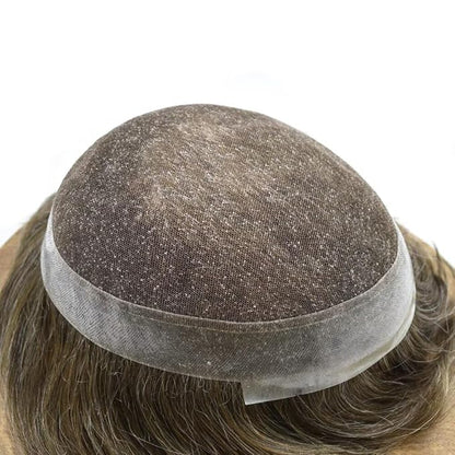 FACE MIRACLE Mens Toupee Lace Front Hairpieces Soft Human Hair Replacement System Toupee for Men French Lace Poly V-Looped Mens hair Units 6"X9" #740 7# VERY LIGHT BROWN WITH 40% SYNTHETIC GREY