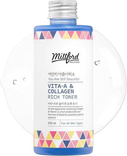 Vita A & Collagen Rich Toner 200ml/6.76 fl.oz - Anti-Aging Retinol Face Toner with Marine Collagen & Panthenol for Fine Lines, Wrinkles, Elasticity & Deep Hydration, Korean Skincare