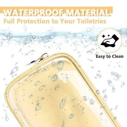 Clear Small Makeup Bag with Zipper, Nylon&PVC Cosmetic Travel Bag Preppy TSA Approved Toiletry Bag for Women Girls, Transparent Waterproof Makeup Pouches Cute Travel Bag for Purse(Small-Beige)