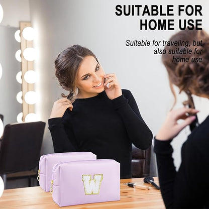 Gifts for Girls Initial Makeup Bag Personalized Cosmetic Bag with Zipper Cute Travel Toiletry Bag Waterproof PU Preppy Makeup Pouch Birthday Gift for Teen Girls Women(Purple W)