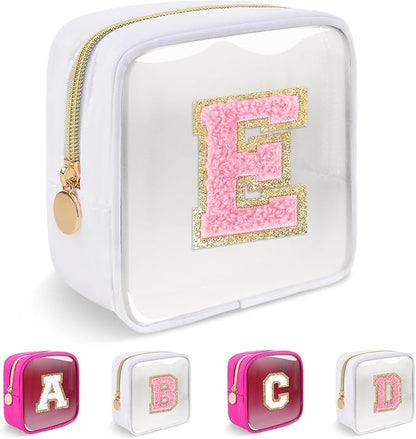 Personalized Initial Letter Clear Preppy Makeup Bag,Mini Nylon Chenille Letter Cosmetic Bag Cute Zipper Pouch Purse for Teen Girls,Portable TSA Approved Beach Travel Essentials Bag Gift for Women,E