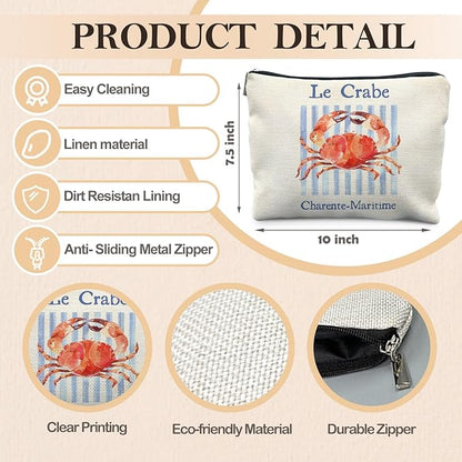 Vintage Crab Beach Makeup Bag, Crab Lovers Gifts Cosmetic Bags for Women, Gifts for Beach Ocean Lovers, Retro Blue Stripes Seafood Aesthetic Zipper Makeup Pouch