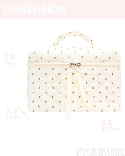 PAZIMIIK Quilted Makeup Bag Large Travel Zipper Soft Cosmetic Case for Women Girls Make Up,Gauze Heart Coffee