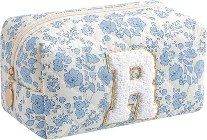 Gleyemor Personalized Initial Makeup Bag for Women, Cute Quilted Blue Floral Cotton Cosmetic Bag, Christmas Gifts for Her Mom Friend Sister Bridesmaid Teacher Women R