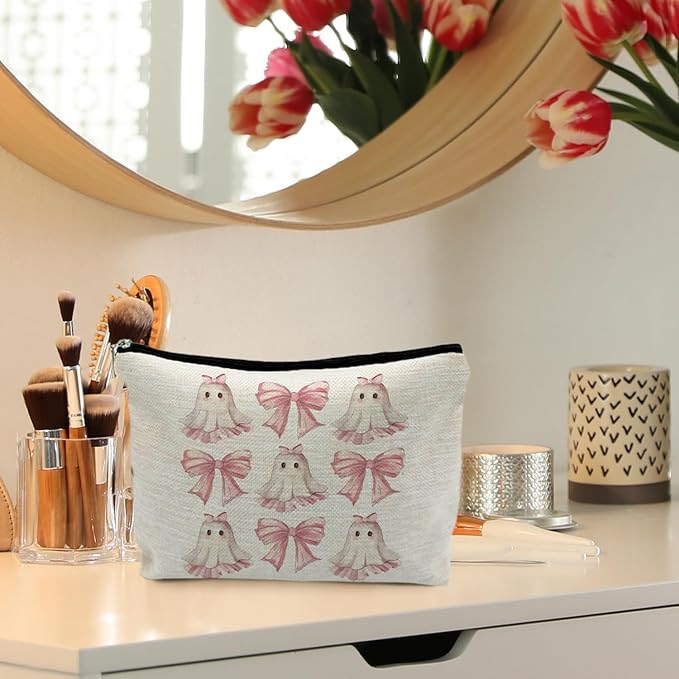 Coquette Pink Bow Ghost Halloween Cosmetic Bags - Cute Gifts for Women