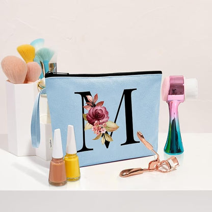 Vavabox A-Z Personalized Makeup Bag, Birthday Gifts for Women Mom, Gifts for Best Friend, Bride Bridesmaid Cosmetic bag (M, Blue)