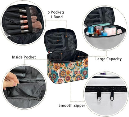 Boho Style Mandala Butterfly Pattern Travel Makeup Bags for Women Portable Tote Cosmetic Case with Carry Handle Toiletry Accessories Storage Organizer Bags