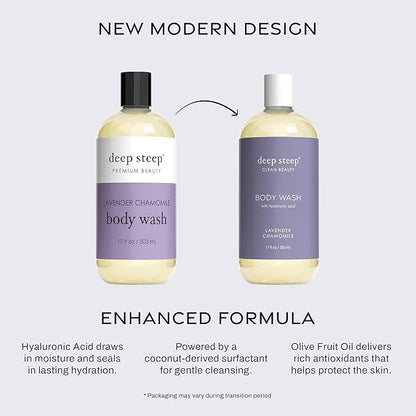 Deep Steep Body Wash, Lavender Chamomile, 17 oz – Hydrating Shower Gel with Hyaluronic Acid, Shea Butter, Aloe Vera & Argan Oil – Vegan, Clean Beauty, Clean & Refreshed Skin