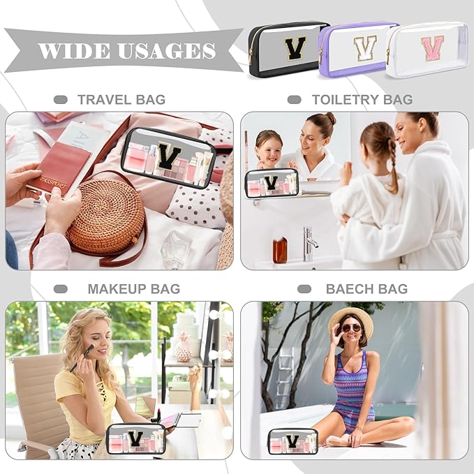 Personalized Initial Letter Clear Makeup Bag,Preppy Small Nylon&PVC Cosmetic Zipper Bag with Chenille Letter,Travel Skincare Toiletry Bag,Monogram Christmas Gift for Teen Girls Women,V