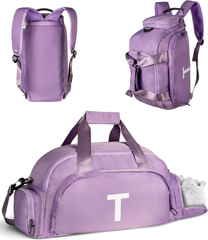 Sweet 16 Gifts for Girls, Initial Gym Bags with Shoe Compartment, Dance Bag for Girls, Monogram Kid Overnight Bags, Stylish Birthday Gift for Daughter Niece Granddaughter (Letter T)