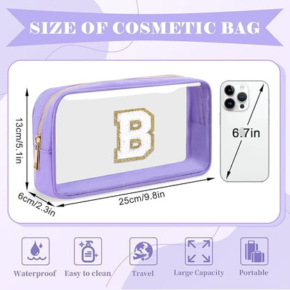 Personalized Initial Letter Clear Makeup Bag,Preppy Small Nylon&PVC Cosmetic Zipper Bag with Chenille Letter,Travel Skincare Toiletry Bag,Monogram Christmas Gift for Teen Girls Women,B