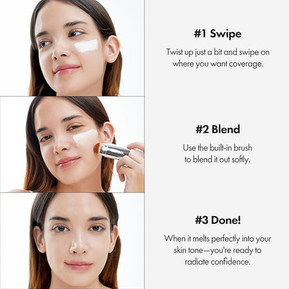 Blanc Cover Cream Stick V White - Korean Color-Changing Foundation Stick with Volufiline - Medium to Full Coverage Dewy Finish Base Makeup - Dual-Ended with Detachable Brush (203 Medium)