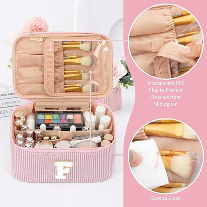 OCHEAL Makeup Bag for Women, Monogram Cosmetic Bag with Brush Holder, Pink Travel Makeup Case Beauty Toiletry Bag Organizer Personalized Gifts for Girls Bridesmaid, Sister, Wife, Friends Initial F