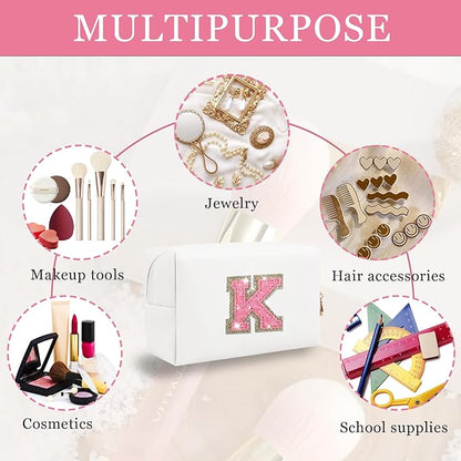 Initial Letter Patch Makeup Bag, Small Preppy A-Z Glitter Cosmetic Bag, PU Leather Waterproof Travel Toiletry Bag,Cute Make Up Pouch Personalized Monogrammed Gift for Women Teen Girls(Letter K)