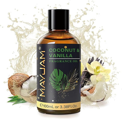 MAYJAM 100ML/3.38FL.OZ Coconut & Vanilla Fragrance Oils with Glass Dropper, Essential Oils for Diffusers for Home, Long Lasting Scented Oils for Diffusers Soap Candle Making