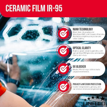 United Ceramic Pro Window Tint Car 40In x100Ft 2Ply Nano Ceramic IR-95 with 20% VLT - Outstanding Clarity & Views Window Tint for Car Home Blocks UV/IR Rays, Adhesive Film W/Lifetime Color Stability