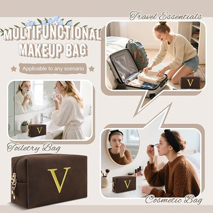 Personalized Initial Makeup Bag,Preppy Suede Cosmetic Bag for Teen Girls,Small Monogram Travel Toiletry Bag With Gold Embroidered Letter,Trendy Stuff Custom Christmas Gift for Women(Coffee-V)