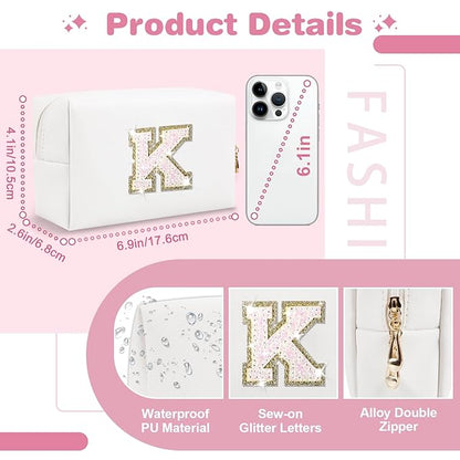 Small Initial Patch Makeup Bag Personalized Gifts Make Up Bag,White Cute PU Leather Glitter Letter Cosmetic Bag with Zipper,Trendy Portable Travel Toiletry Pouch,Preppy Stuff for Teen Girls Women K