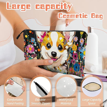Cosmetic Bags Travel Makeup Toilet Case Waterproof Pouch for Women Girls 6.7X9.45inches - Cute Corgi Surrounded By Brightly Colored Flowers