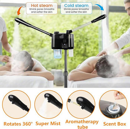 Professional Facial Steamer with Ozone and Hot & Cold Mist, Esthetician Steamer on Wheels, Face Humidifier for Facial Deep Cleaning, Digital Facial Steamer for Home and Salon, Black