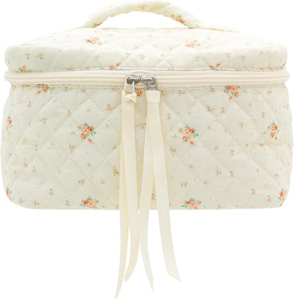 PAZIMIIK Quilted Makeup Bag Large Travel Zipper Soft Cosmetic Case for Women Girls Make Up,Floral White