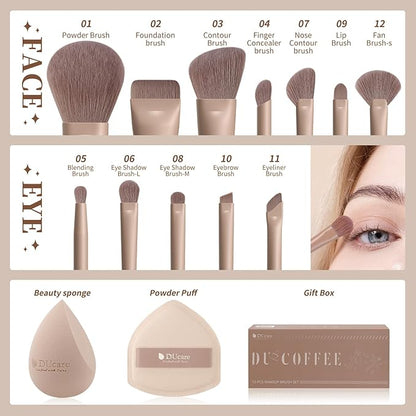 DUcare Christmas Makeup Brushes Set 12Pcs Coffee Series Makeup Brush set with Makeup Sponges Foundation Blending Face Powder Blush Eye Shadows Brushes