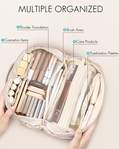 Vlando Makeup Bag,Large Capacity Toiletry Bag for Women Waterproof Portable Make up Pouch PU Leather Open Flat Cosmetic Bag(Light Pink)
