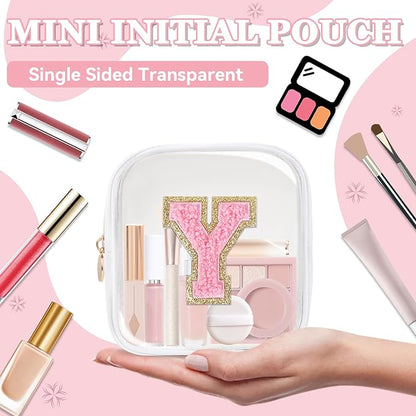 Mini Clear Personalized Initial Makeup Bag, Small Preppy A-Z Chenille Letter Patch Cosmetic Pouch, Transparent PVC & Nylon Waterproof Zip Beach Toiletry Bag,Gift for Women Girls(White-Pink Y)