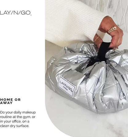 Lay-n-Go Cosmo Drawstring Cosmetic & Makeup Bag Organizer - Portable Drawstring Makeup Bag w/Zipper Pocket, Makeup Loops & More - Durable, Machine Washable Toiletry Bag (20", Comfort/White)